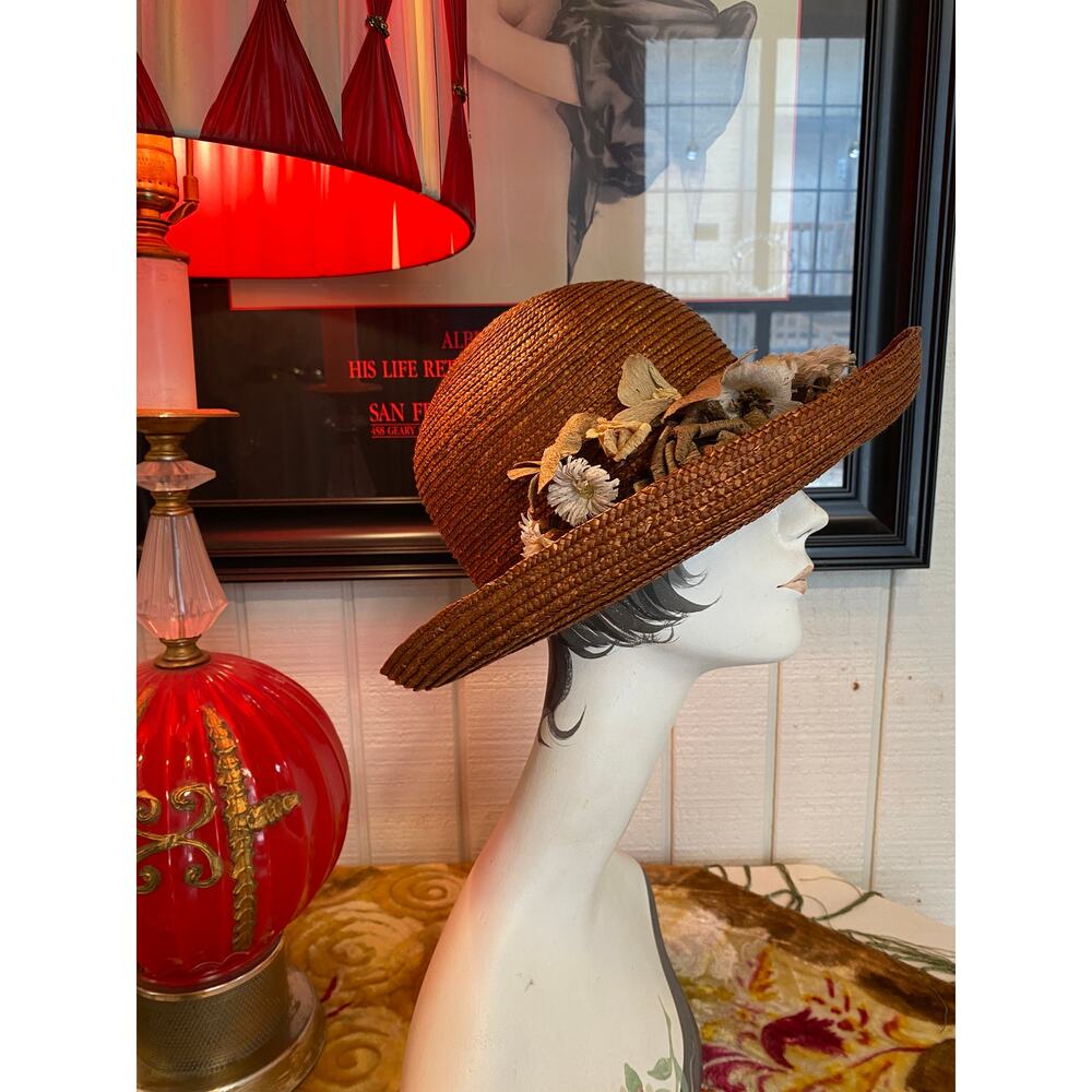 vintage 1980s wide brim straw hat liz claiborne summer floral raffia flowers